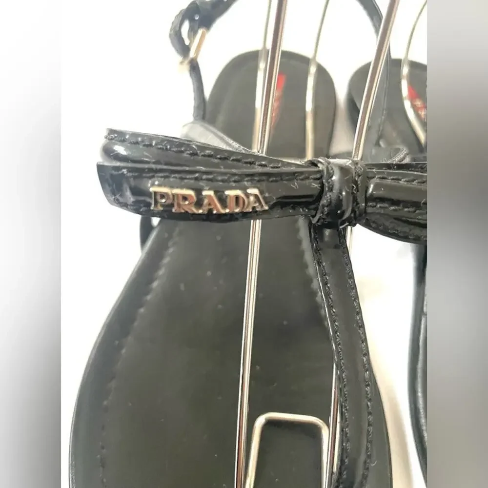 Prada Black Patent leather bow tie logo embellished T strap flat sandals EU 39.5 - Picture 3 of 13